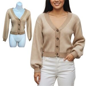 Sincerely Jules Herringbone Print Tan Cropped Cardigan Sweater - Women’s XS